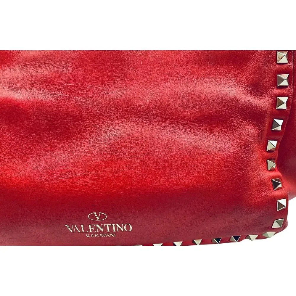 Valentino Garavani Rockstud Red Gold Studded Leather 2Way Satchel Bag Glam Rock